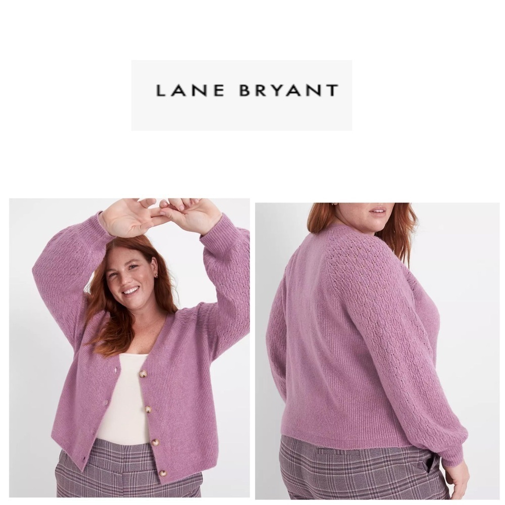 Lane Bryant Classic Long-Sleeve Button-Front Pointelle-Sleeve Cardigan 26/28